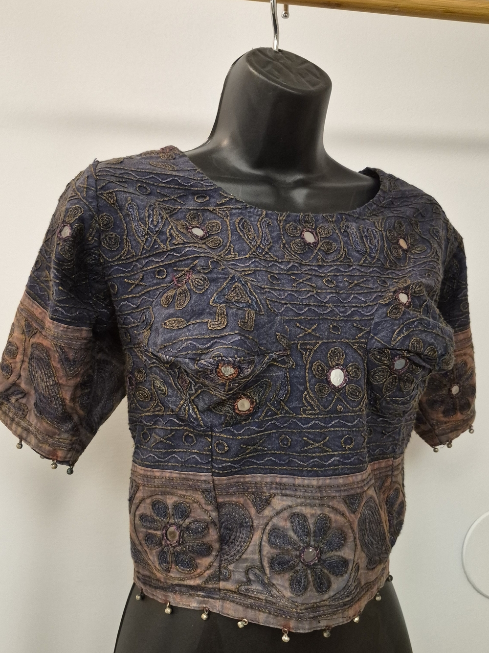 VTG Boho Embroidered Navy and Brown Beaded Crop Top